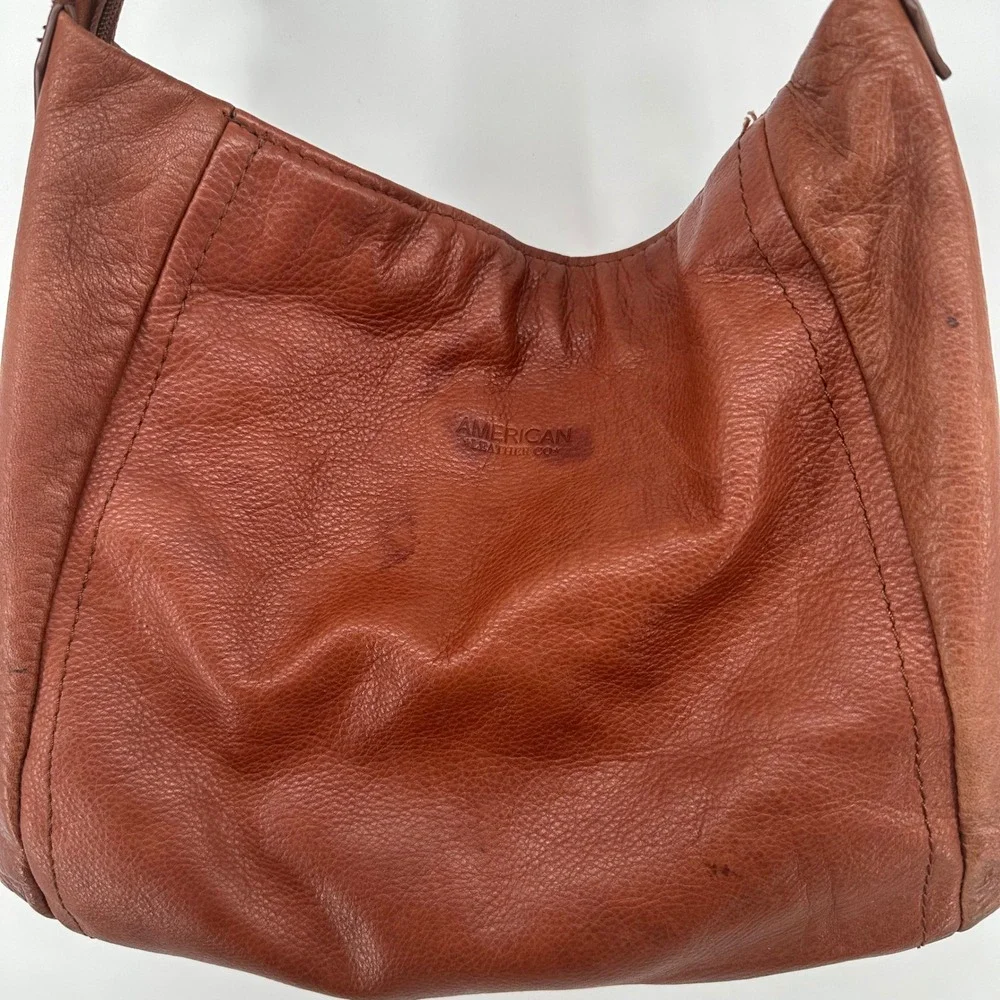 American Leather Co Austin Cognac Brown Pebbled Leather Hobo Shoulder Bag Zipper